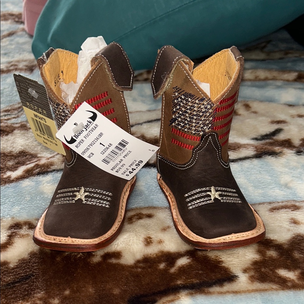 Brown Cowboy Boots with Red and White Accents